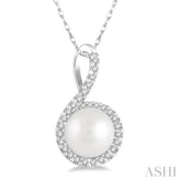7x7 MM Round Shape Center Cultured Pearl and 1/10 Ctw Round Cut Diamond Pendant With Chain in 10K White Gold